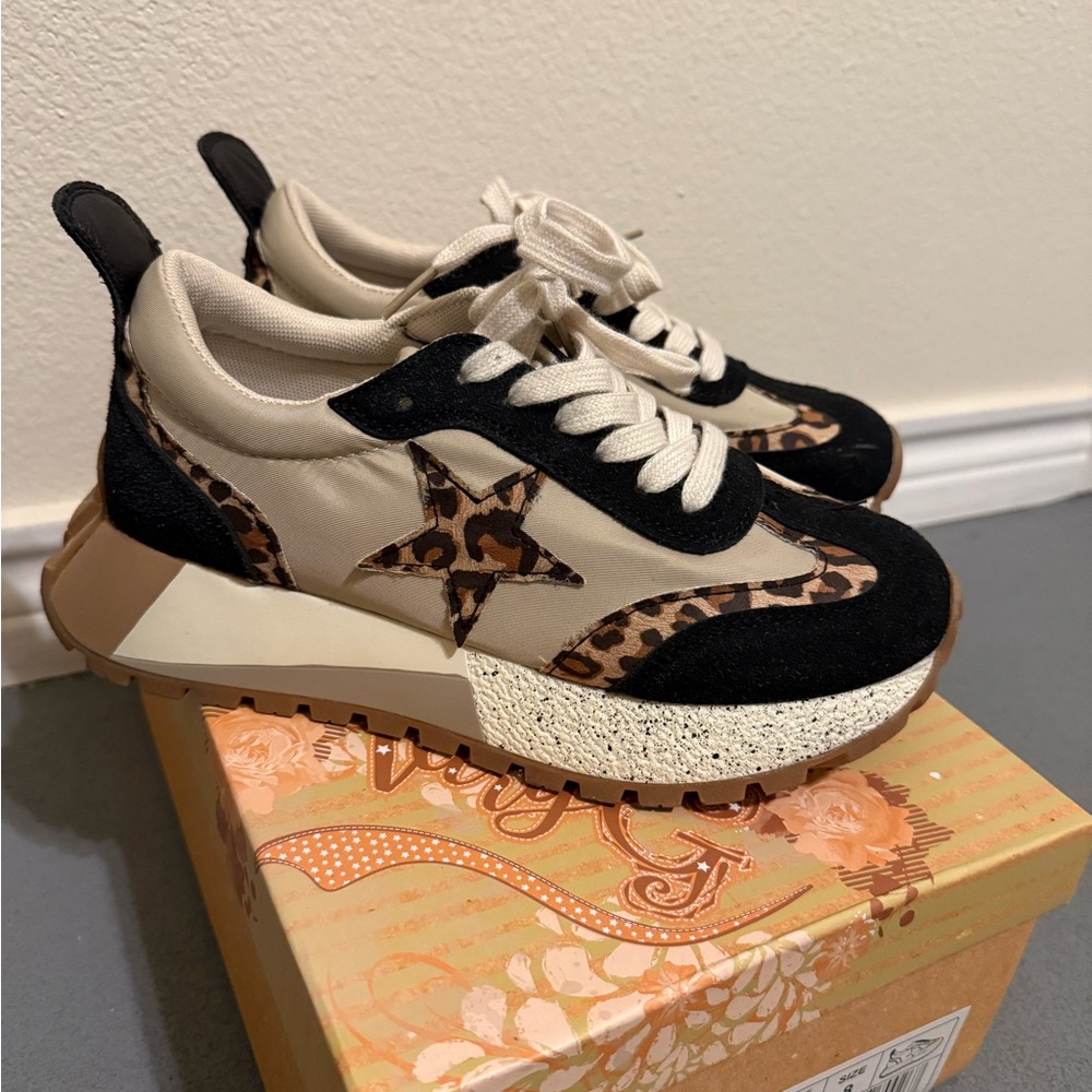 Leopard Star Sneakers with Black and Cream Accents